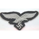 German WWII re-enactment Luftwaffe embroidered cap or breast eagle. P&P Group 1 (£14+VAT for the