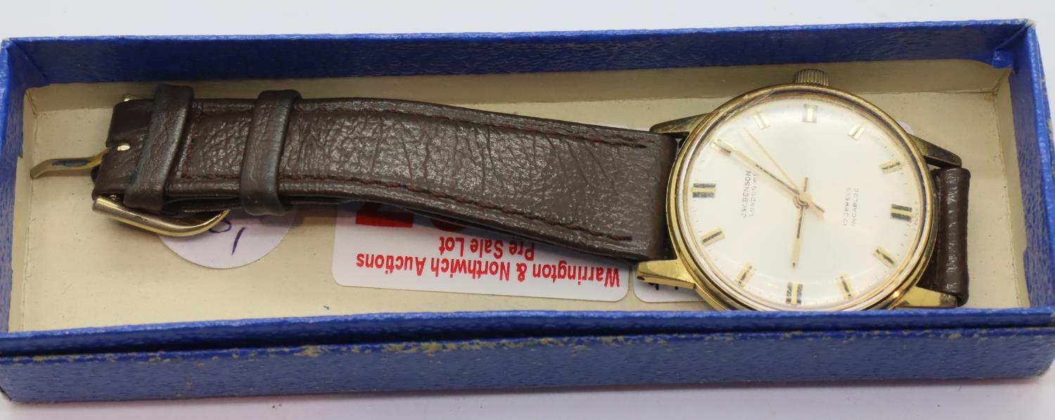 Gents 17 jewel J.W Benson wristwatch on a leather strap, D: 3 cm. P&P Group 1 (£14+VAT for the first