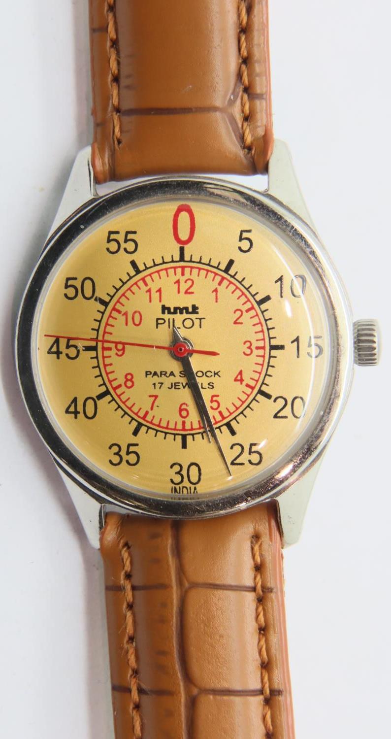 HMT Parashock 17 jewel mechanical pilot wristwatch with seconds hand on a brown leather strap. P&P - Image 2 of 3