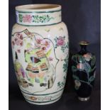 19thC enamelled and painted glazed stoneware vase, H: 25 cm, and a small Cloisonne vase. P&P Group 2