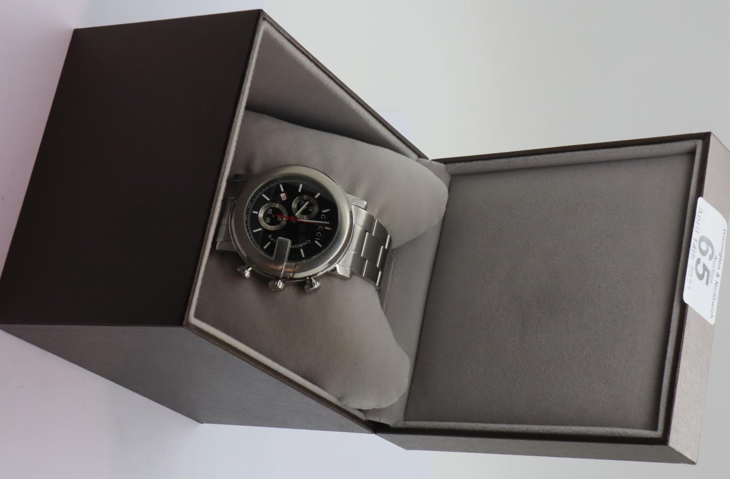 Gents Gucci chronograph wristwatch, having a black dial, stainless steel body and bracelet in - Image 2 of 5