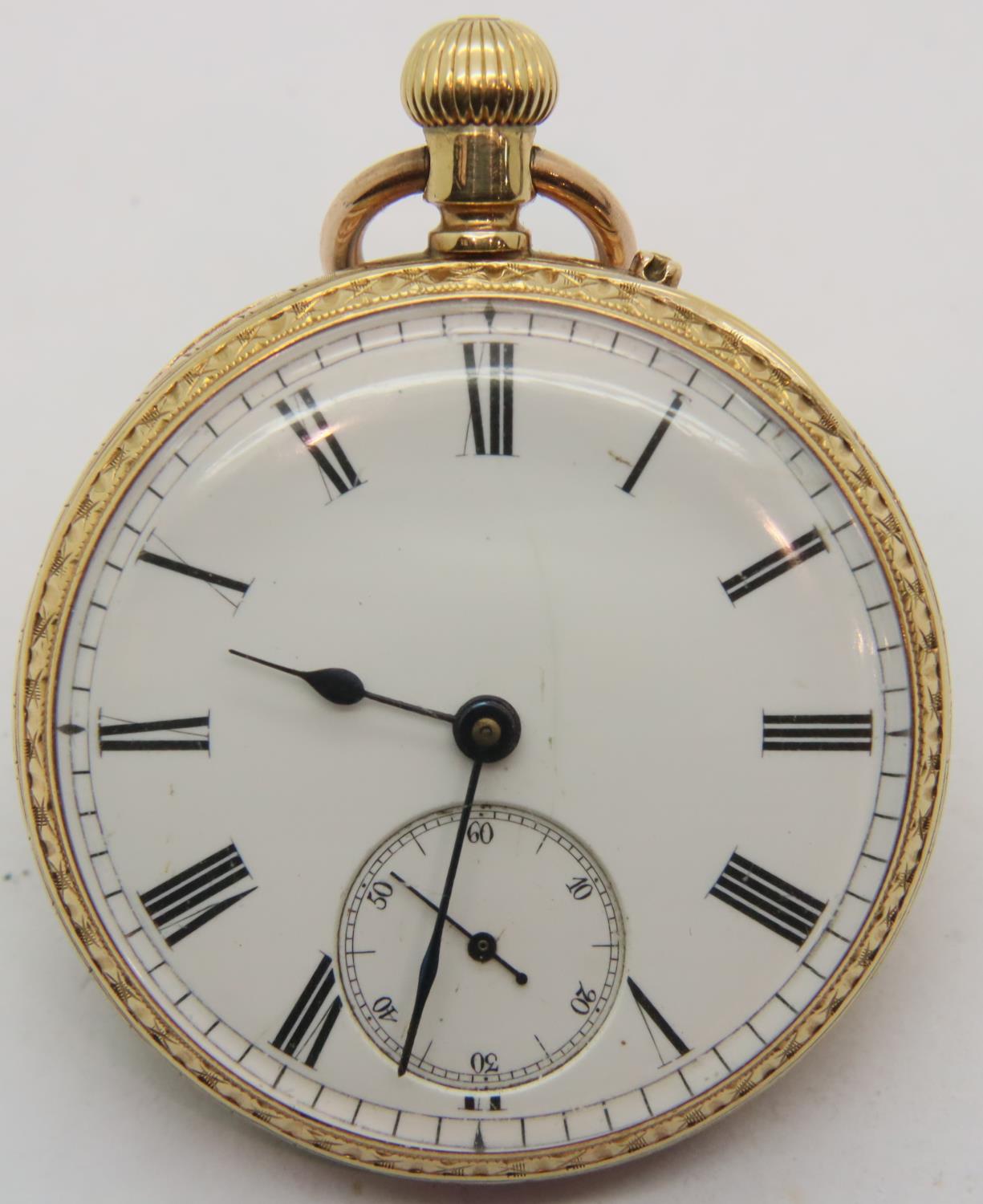 18ct gold fob watch in good working order, white enamel dial with Roman numerals and subsidiary - Image 5 of 12