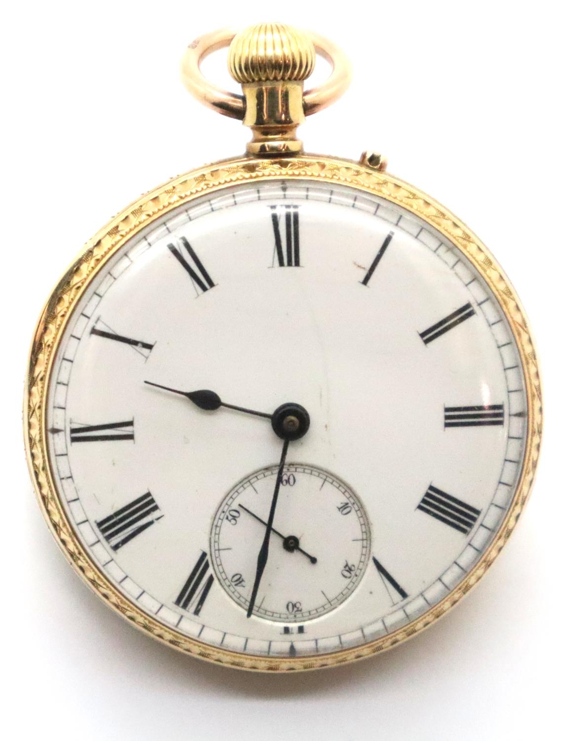 18ct gold fob watch in good working order, white enamel dial with Roman numerals and subsidiary