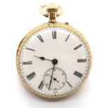 18ct gold fob watch in good working order, white enamel dial with Roman numerals and subsidiary