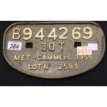 Railwayana, cast iron wagon plate B944269, Met-Cammell 1955. P&P Group 3 (£25+VAT for the first
