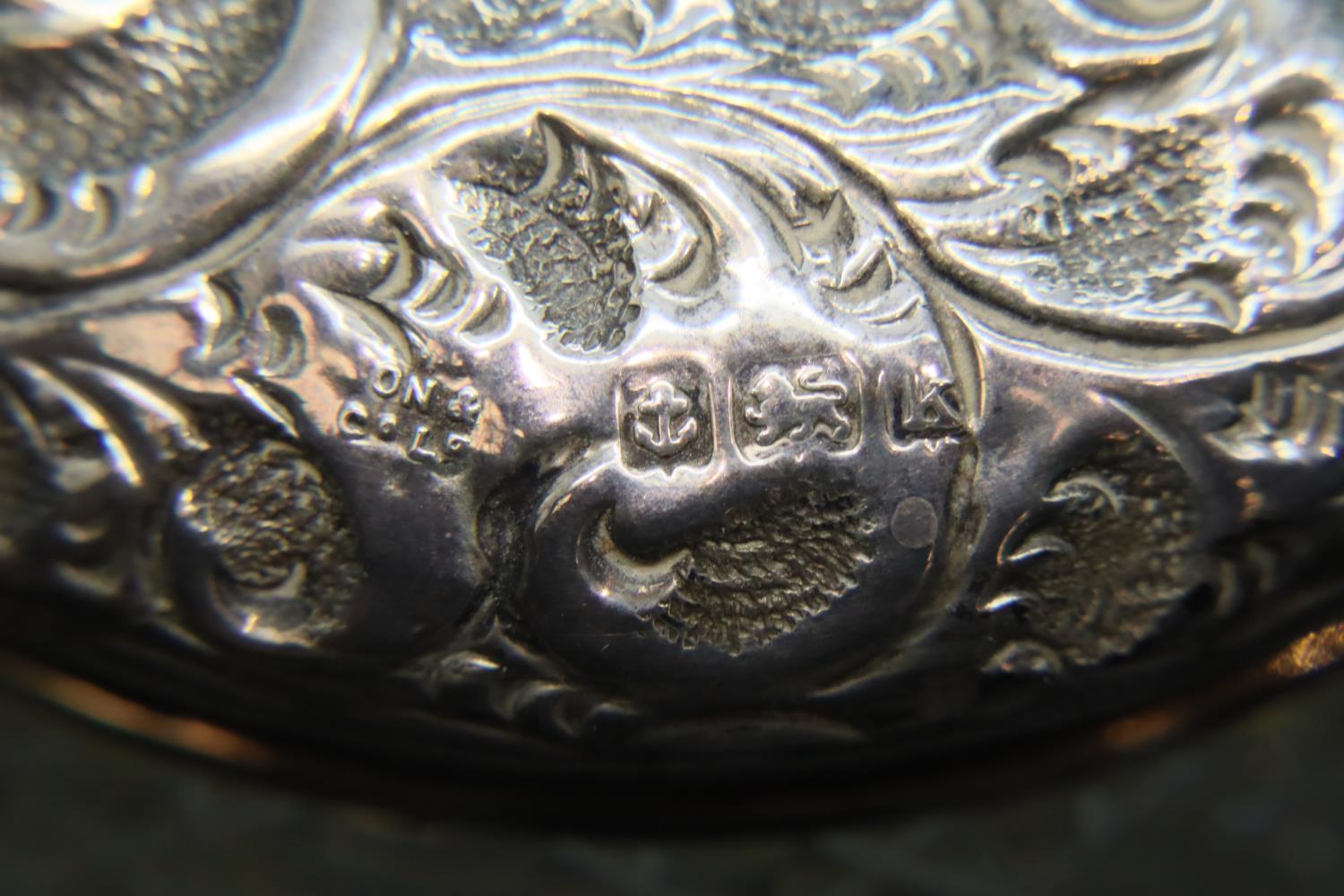 Hallmarked silver dressing table hand mirror, two silver lidded pots and a perfume bottle, mixed - Image 7 of 11