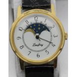 Boxed gents rolling moon wristwatch on leather strap, D: 3 cm. P&P Group 1 (£14+VAT for the first