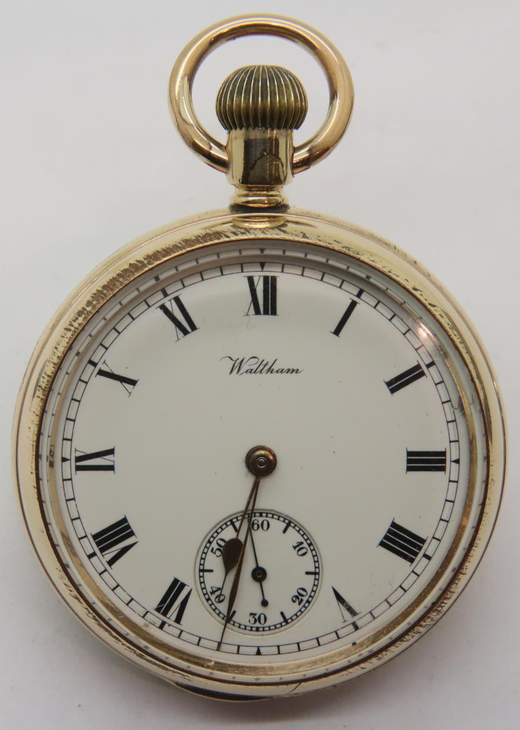 Waltham gold plated open faced pocket watch. P&P Group 1 (£14+VAT for the first lot and £1+VAT for