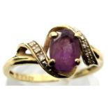 9ct gold amethyst stone ring, with diamond shoulders, size L. P&P Group 1 (£14+VAT for the first lot