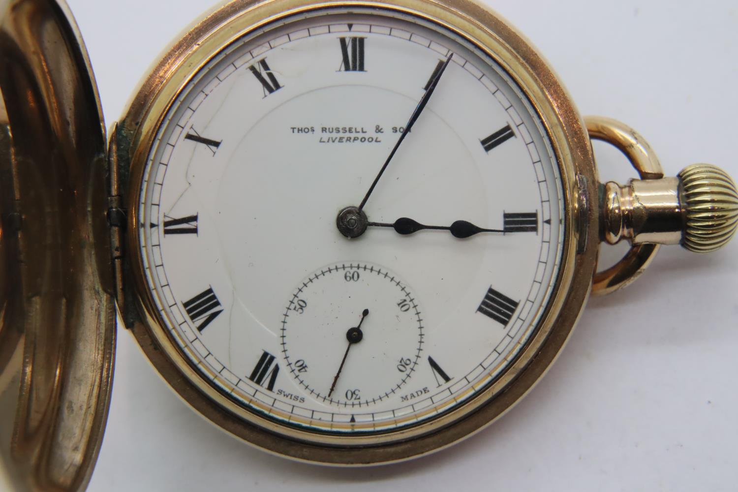 Thomas Russell & Co Liverpool full hunter gold plated pocket watch. P&P Group 1 (£14+VAT for the