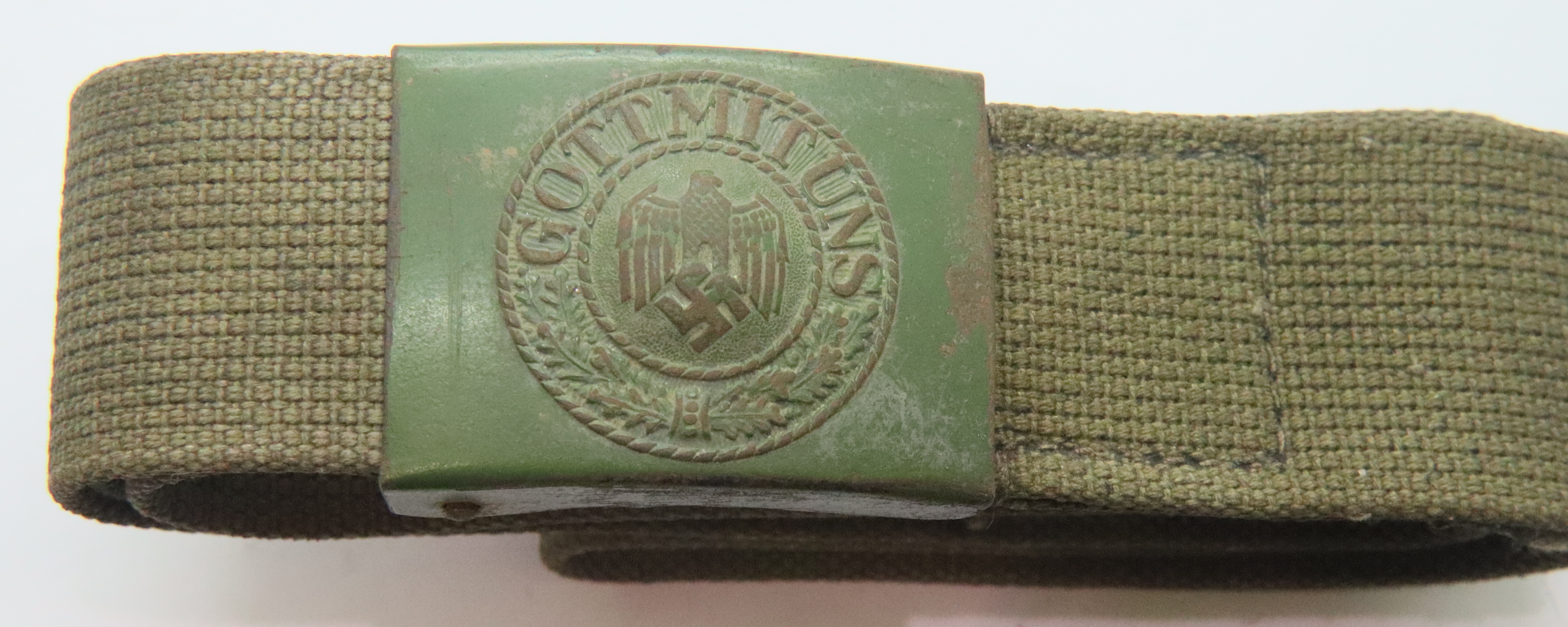 WWII German Afrika Korps belt with green buckle and leather tab with Dresden makers mark. P&P