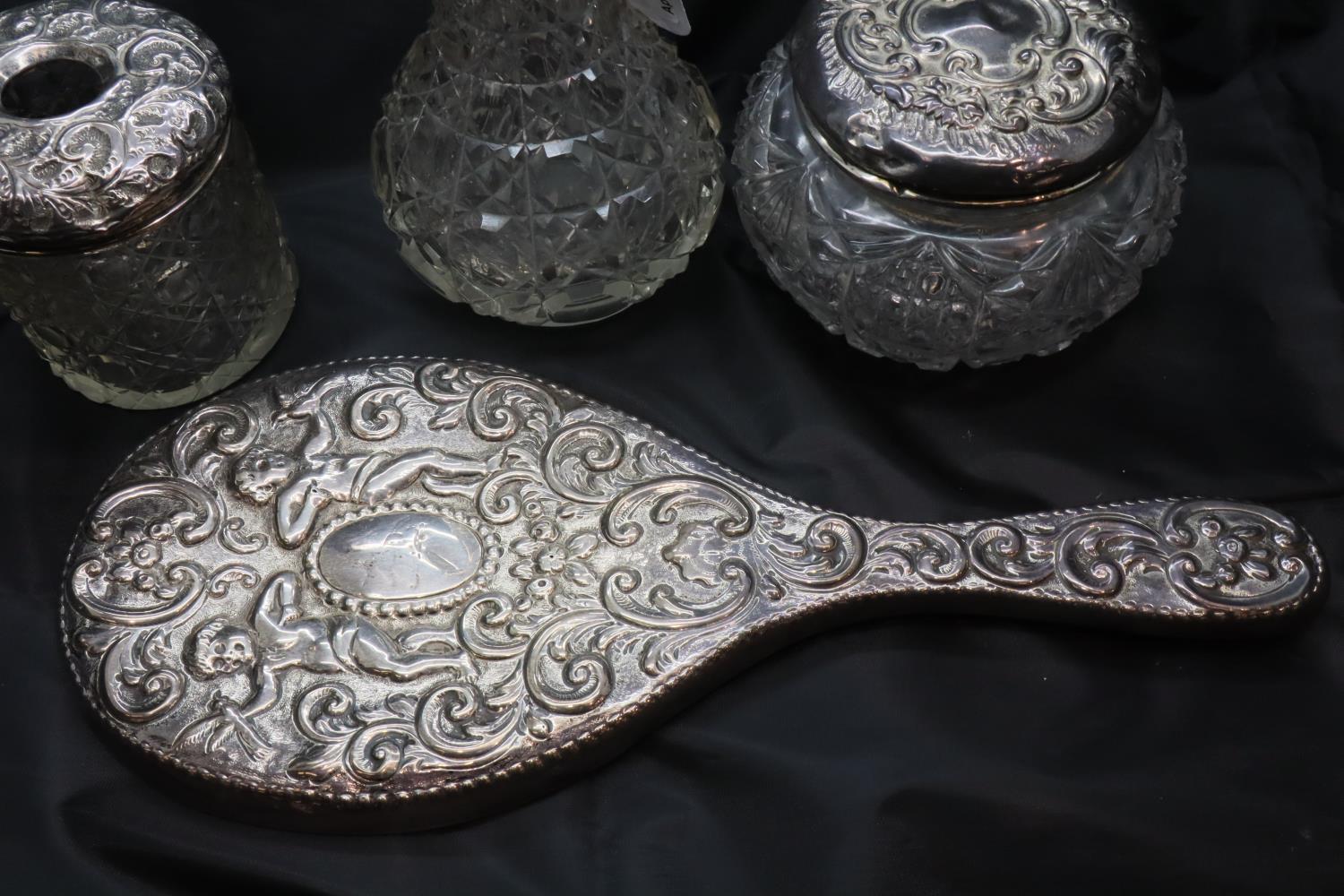 Hallmarked silver dressing table hand mirror, two silver lidded pots and a perfume bottle, mixed - Image 2 of 11