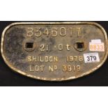 Railwayana, cast iron wagon plate B346017, Shildon 1978. P&P Group 3 (£25+VAT for the first lot