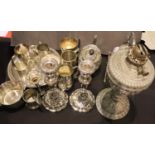 Collection of mixed silver plate, pewter and Britannia metal items including candlestick, oil lamp