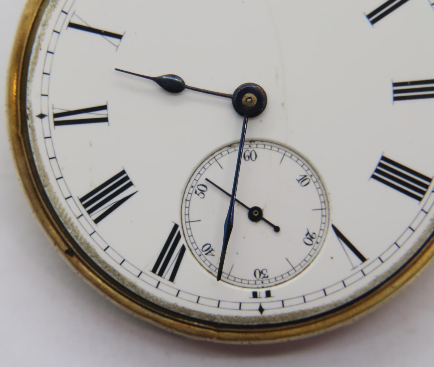 18ct gold fob watch in good working order, white enamel dial with Roman numerals and subsidiary - Image 7 of 12