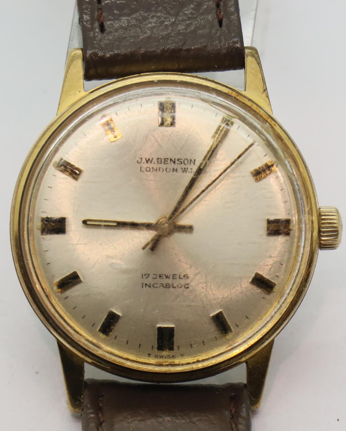 Gents 17 jewel J.W Benson wristwatch on a leather strap, D: 3 cm. P&P Group 1 (£14+VAT for the first - Image 2 of 3