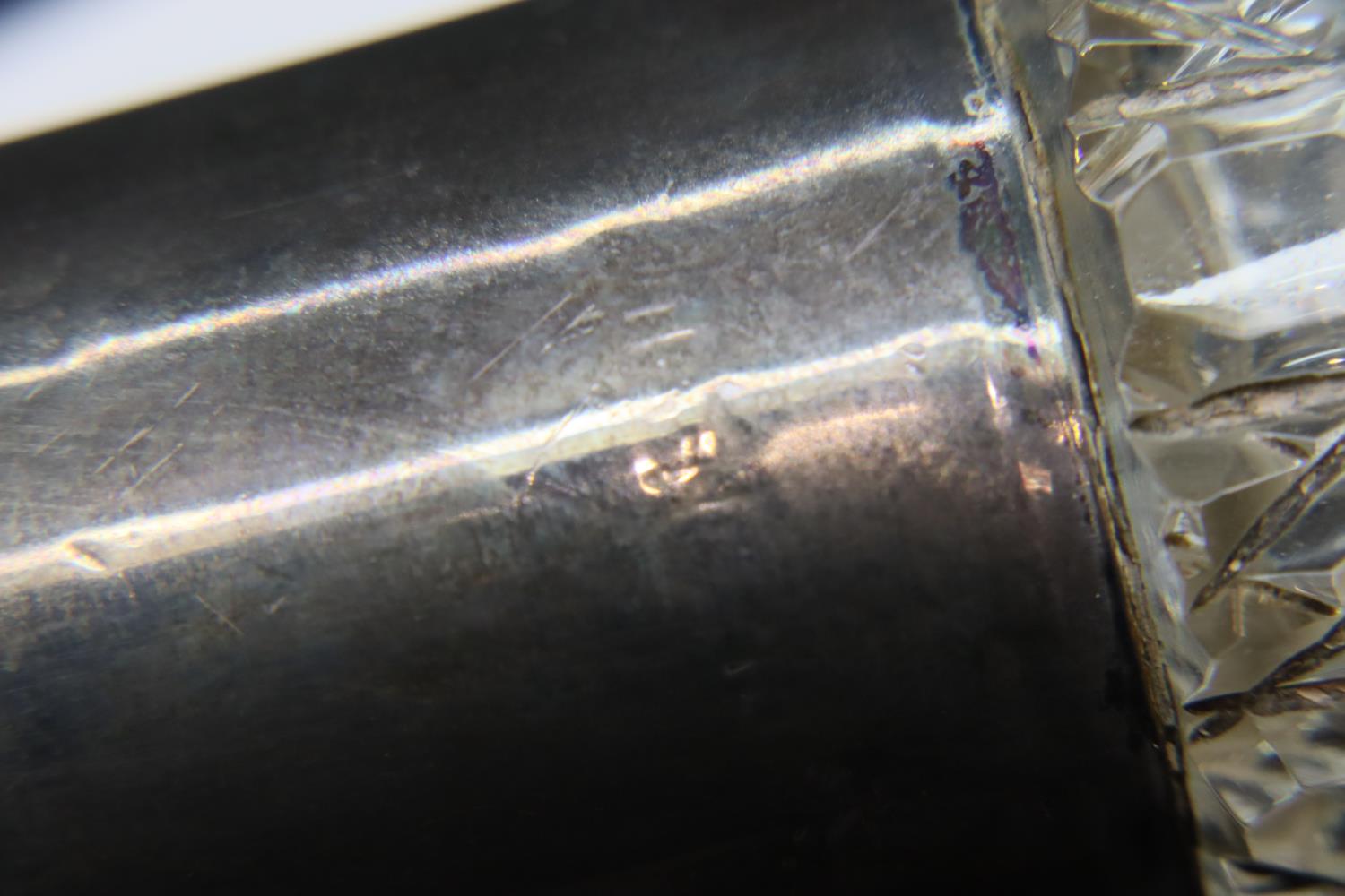 Hallmarked silver dressing table hand mirror, two silver lidded pots and a perfume bottle, mixed - Image 11 of 11