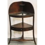 19thC mahogany corner wash stand, ceramic inserts later replaced with a glass shelf, 43 x 43 x 106