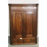 George III mahogany two door corner cupboard with three drawers, W: 87 cm, H: 118 cm. Not