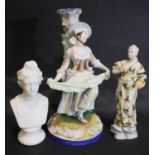 Dresden, a ceramic figurine of a female painter, H: 16 cm together with a bisque figural candlestick