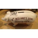 Cast iron W Molands pig money box, L: 22 cm. P&P Group 1 (£14+VAT for the first lot and £1+VAT for