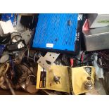 Box of mixed electrical items including electronic breadboard, soldering iron, automotive parts,