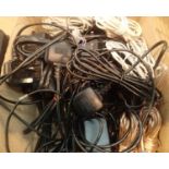 Mixed electrical items including power supplies, power cables and speaker cables. Not available