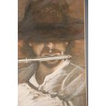 Ann Quinn, framed pastel of a bearded flautist, 43 x 58 cm. Not available for in-house P&P,
