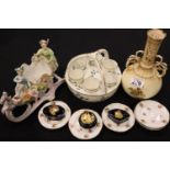 Selection of Continental ceramics including an egg cup basket, three Limoges boxes, six miniature