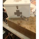 Steel lockable chest, 46 x 25 x 17 cm and first aid tin with internal drawer. Not available for in-