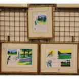 Three framed and glazed Harold Riley The Belfry sketchbook golf course prints, various sizes. Not