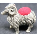 Silver ram pin cushion, H: 3.5 cm. P&P Group 1 (£14+VAT for the first lot and £1+VAT for