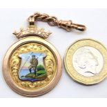 Antique 1923 Chester 9ct rose gold and enamel fishing medal/pocket watch fob by Thomas Fattorini,