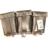 Re-enactment German three piece black leather magazine pouch. P&P Group 1 (£14+VAT for the first lot