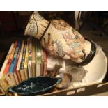 Box lot of child's annuals and mixed ceramics. Not available for in-house P&P, contact Paul O'Hea at