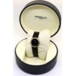 Raymond Weil ladies wristwatch with black dial and leather strap in original box. P&P Group 1 (£14+