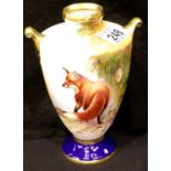 Aynsley Fine Art Collection hand painted and signed twin handled fox vase, H: 19 cm. P&P Group 2 (£