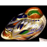 Royal Crown Derby teal duck paperweight with gold stopper, L: 13 cm. P&P Group 1 (£14+VAT for the