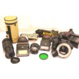 Mixed photographic accessories including Minolta Rokkor lens, flashes, camera slings etc. P&P
