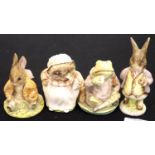 Four Royal Albert Beatrix Potter ceramic figurines including Benjamin Bunny, Mrs Tiggywinkle and