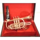 Cased silver plate cornet, by Barratt of Manchester, L: 35 cm. P&P Group 3 (£25+VAT for the first