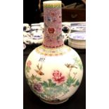 19thC large bulbous Chinese vase with bird and flower decoration, drilled for lamp base, H: 44 cm.