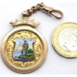 Antique 1923 Chester 9ct rose gold and enamel fishing medal/pocket watch fob by Thomas Fattorini,