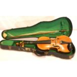 Antique T Clark of Glasgow violin with two piece back in case with bow. P&P Group 3 (£25+VAT for the