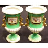 Pair of green ground Dresden flared neck vases with twin fish handles and painted panels, H: 35