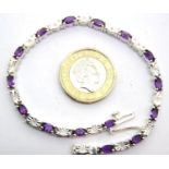 Amethyst and diamond set 925 silver bracelet, L: 20 cm. P&P Group 1 (£14+VAT for the first lot