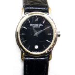 Raymond Weil ladies wristwatch with black dial and leather strap in original box. P&P Group 1 (£14+