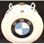 White BMW petrol can, H: 38 cm. P&P Group 3 (£25+VAT for the first lot and £5+VAT for subsequent