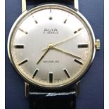 Avia vintage mechanical 9ct gold wristwatch on black leather strap, working at lotting with original