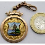 Antique 1923 Chester 9ct rose gold and enamel fishing medal/pocket watch fob by Thomas Fattorini,